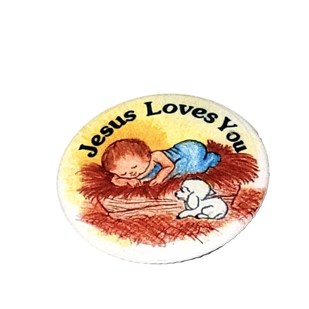 Jesus Loves You Pin Lapel Button Pinback Baby Lamb 2 1/8"